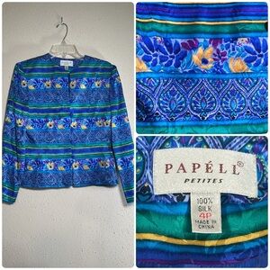 Vintage Papéll Petites Bold Blue Purple Art to Wear Silk Blouse Size 4P 4 Petite